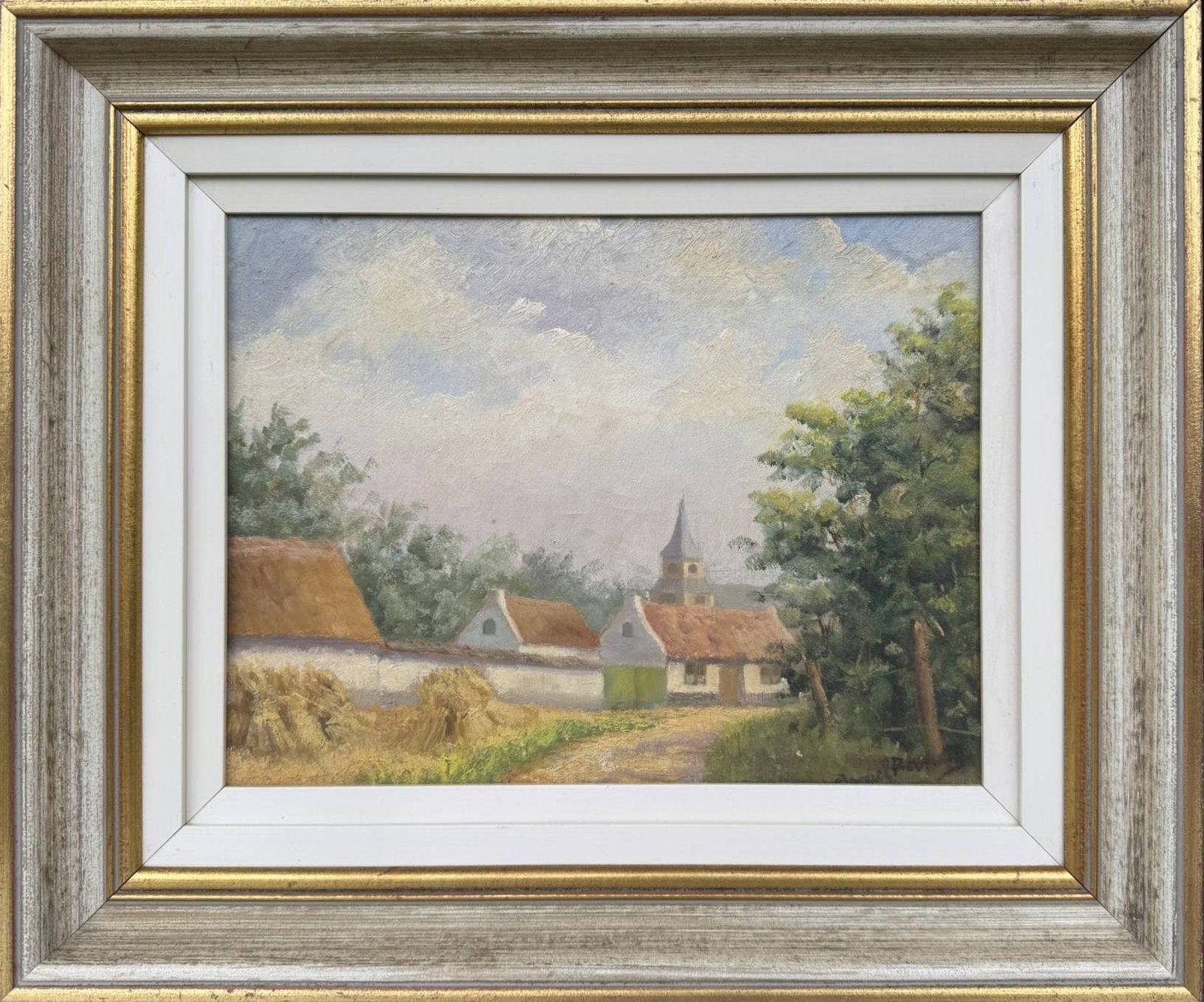 Vintage European Village Landscape Painting, Oil on Canvas